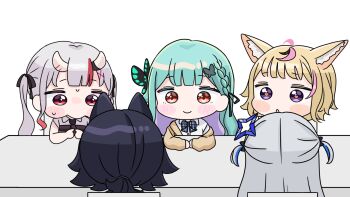 :o amane_kanata animal_ear_fluff animal_ears black_bow black_hair black_necktie blue_bow blue_hair blush_stickers bow braid brown_cardigan butterfly_hair_ornament cardigan chair chibi closed_mouth collared_shirt dress_shirt fox_ears green_hair grey_shirt hair_bow hair_ornament halo heart heart-shaped_pupils highres hololive horns long_sleeves mochimiko multicolored_hair nakiri_ayame nakiri_ayame_(streetwear) necktie omaru_polka on_chair oni ookami_mio parted_lips pink_hair plaid_bow puffy_long_sleeves puffy_sleeves purple_eyes purple_hair red_eyes red_hair shirt simple_background sitting smile streaked_hair symbol-shaped_pupils table twintails two-tone_hair two_side_up uruha_rushia uruha_rushia_(school_uniform) virtual_youtuber white_background white_shirt wolf_ears yurie_mouth