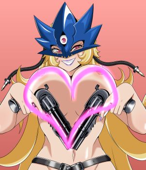1girl absurdres beelstarmon belt black_belt blonde_hair blue_mask breasts commentary cowboy_shot digimon digimon_(creature) dual_wielding english_commentary eye_mask grin groin gun heart highres holding holding_weapon large_breasts lipstick long_hair looking_at_viewer makeup mask multiple-barrel_gun navel nipples nude paid_reward_available pink_background purple_eyes purple_lips purple_nails rodrigo_h sidelocks smile solo standing teeth third_eye weapon