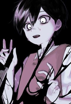 1boy black_background black_hair black_sweater_vest collared_shirt double-parted_bangs hair_between_eyes highres madai_(si_202) male_focus omori open_mouth shirt short_hair short_sleeves simple_background solo something_(omori) sunny_(omori) sweat sweater_vest teeth upper_body upper_teeth_only white_eyes white_shirt