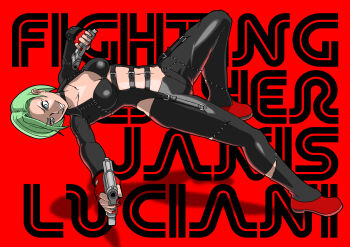 Rule 34 | 1girl, aiming, arika, belt, belt buckle, black belt, black bustier, black choker, buckle, bustier, character name, choker, collarbone, commentary request, copyright name, dual wielding, evil grin, evil smile, fighting layer, fingerless gloves, full body, garter belt, gloves, green eyes, grin, gun, highres, holding, holding gun, holding weapon, janis luciani, leaning back, looking ahead, mittu02, red background, red gloves, red nails, red shoes, shadow, shoes, short hair, smile, solo, stitched pants, stitched sleeves, weapon