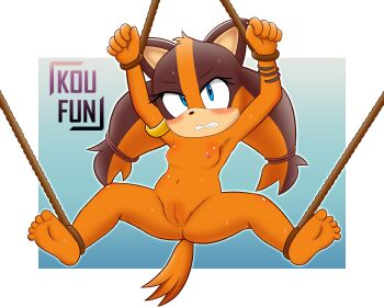 absurdres anus armpits ass barefoot bdsm blush bondage bound breasts brown_fur brown_hair feet female_focus flat_chest groin hair_tie highres koufun loli looking_at_viewer medium_breasts nipples nude orange_fur orange_hair perineum pussy restrained rope sega simple_background soles solo sonic_(series) sonic_boom_(series) spread_legs sticks_the_badger tail toes tribal twintails