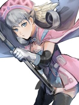 1girl 4me3ba_niku blue_eyes breasts cape closed_mouth curly_hair dress gloves grey_hair hat head_wings highres holding holding_staff long_hair looking_at_viewer medium_breasts melia_antiqua short_dress simple_background solo staff thighhighs white_background wings xenoblade_chronicles_(series) xenoblade_chronicles_1