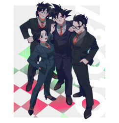 Rule 34 | 1girl, 3boys, black suit, chi-chi (dragon ball), cuuupo, dragon ball, family, father and son, formal, glasses, hands in pockets, husband and wife, looking at viewer, mother and son, multiple boys, necktie, red necktie, siblings, son gohan, son goku, son goten, spiked hair, standing, suit