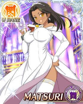 Rule 34 | 1girl, :d, border, breasts, brown eyes, brown hair, card (medium), cleavage, dark-skinned female, dark skin, dress, earrings, game cg, hair ornament, hairclip, hand on own hip, holding, holding trophy, jewelry, large breasts, long hair, looking at viewer, low-tied long hair, low twintails, matsuri (senran kagura), native american, non-web source, official alternate costume, official art, open mouth, senran kagura, senran kagura new wave, shuriken print, side slit, smile, solo, thighhighs, trophy, twintails, white dress, white thighhighs, white tiara