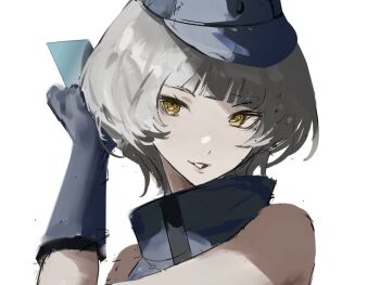 1girl bare_shoulders blue_card blue_gloves blue_hat blue_shirt blunt_bangs card elizabeth_(persona) gloves hand_up hat high_collar highres holding holding_card k1kiwa looking_at_viewer parted_lips persona persona_3 portrait shirt short_hair simple_background sleeveless sleeveless_shirt smile solo white_background white_hair yellow_eyes