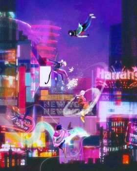 1girl 1other 2boys aang avatar:_the_last_airbender avatar_legends bald barefoot black_hair black_jacket building city crossover denim dkaism dragon eastern_dragon english_text falling full_body glowing glowing_eyes green_jacket highres holding holding_staff jack_frost_(rise_of_the_guardians) jacket jeans korra magic marvel mask multiple_boys multiple_crossover neon_lights new_york_city orange_robe painterly pants rise_of_the_guardians robe short_hair sign skyscraper snowflakes spider-man_(miles_morales) spider-man_(series) spider-verse staff summoning the_legend_of_korra tunic water white_hair wind