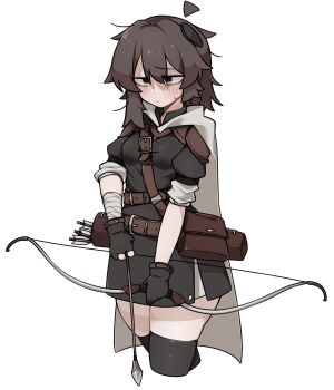 1girl archery archery_shooting_glove arrow_(projectile) bandaged_arm bandages belt belt_pouch black_coat black_gloves black_thighhighs bow_(weapon) breasts cape closed_mouth coat cowboy_shot exhausted gloves hair_between_eyes hair_ornament highres holding holding_weapon long_hair looking_down medieval messy_hair multiple_belts original partially_fingerless_gloves pouch quiver sidelocks simple_background skkazu1 sleeves_rolled_up small_breasts solo standing sweatdrop thighhighs weapon white_background white_cape