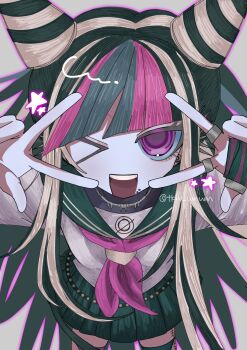 Rule 34 | > o, 1girl, :d, black hair, danganronpa (series), danganronpa 2: goodbye despair, double v, ear piercing, face piercing, hair horns, highres, jewelry, long hair, mioda ibuki, multicolored hair, one eye closed, open mouth, oshioishii, piercing, pink eyes, pink hair, ring, sailor collar, scar, scar on leg, school uniform, shirt, short sleeves, smile, solo, teeth, thighhighs, upper teeth only, v, white hair