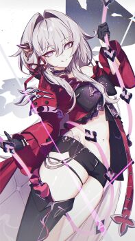 1girl anklet belly black_choker black_gloves black_pantyhose black_shorts bright_pupils choker gloves hair_ornament hair_ribbon highres holding holding_string holding_weapon honkai_(series) honkai_impact_3rd jacket jewelry karamaru626 long_hair long_sleeves looking_at_viewer navel pantyhose purple_eyes purple_ribbon red_jacket red_ribbon ribbon shadow shorts simple_background single_bare_leg single_bare_shoulder single_leg_pantyhose sky smile solo solo_focus star_(sky) starry_sky string thelema_nutriscu thelema_nutriscu_(mad_pleasure:_shadowbringer) thighs tongue tongue_out very_long_hair weapon white_background white_hair white_pupils