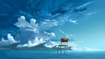 blue_sky chair cloud cloudy_sky commentary day english_commentary highres hill horizon landscape no_humans ocean original outdoors scenery sky the_protagonists_(protagonist2114)
