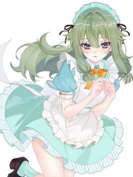 1girl alternate_costume apron black_ribbon blush bow bowtie brown_shoes collared_dress commentary dot_nose dress enmaided frilled_apron frilled_dress frills green_dress green_hair hair_between_eyes hair_flaps hairband hands_up highres kusanagi_nene lace-trimmed_hairband lace_trim long_hair long_sidelocks looking_at_viewer low-tied_sidelocks maid maid_apron maid_headdress orange_bow orange_bowtie parted_lips project_sekai puffy_short_sleeves puffy_sleeves purple_eyes rea_0523 ribbon shoes short_sleeves sidelocks simple_background solo untranslatable_commentary white_apron white_background