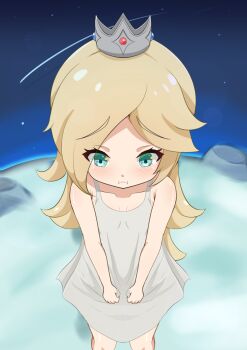 1girl aged_down bare_shoulders blonde_hair blue_eyes blush child closed_mouth collarbone crown dress dress_tug eyelashes female_focus from_above grey_dress highres long_hair mario_(series) nintendo pout rosalina sherr_(artist) shiny_skin shooting_star sky sleeveless sleeveless_dress solo space standing star_(sky) starry_sky super_mario_galaxy tearing_up