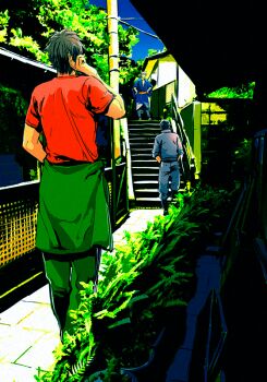 Rule 34 | 3boys, black hair, blue kimono, blue pants, blue shirt, commentary request, day, doudanuki masakuni, green pants, hand up, ichino (1no), japanese clothes, kimono, long sleeves, male focus, multiple boys, mutsu-no-kami yoshiyuki, otegine, outdoors, pants, red shirt, shirt, short hair, short sleeves, standing, touken ranbu, tree, wide sleeves