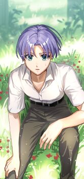 1boy absurdres aqua_eyes arm_rest black_pants blue_hair bow commentary_request grass hair_bow highres kamura_naozumi kodomo_no_omocha male_focus mizu_no_yakata nanao_itsuki pants petals shirt sitting solo sweatdrop white_shirt