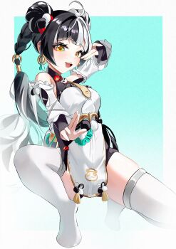 1girl absurdres bare_shoulders bell bell_earrings black_hair braid chen_kang china_dress chinese_clothes detached_sleeves dialyn_(zenless_zone_zero) dress earrings hair_ornament highres jewelry long_hair looking_at_viewer multicolored_hair open_mouth solo split-color_hair twin_braids white_hair yellow_eyes zenless_zone_zero