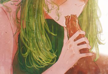 1futa 1girl close-up commentary english_commentary eyes_out_of_frame fellatio futa_with_female futanari green_hair handjob head_out_of_frame highres long_hair medea_(spindle_(aidenr0)) meiya_(spindle_(aidenr0)) messy_hair mole oral original out_of_frame penis saliva spindle_(aidenr0) trans_woman