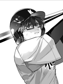 1boy 999993nine baseball baseball_bat baseball_helmet baseball_uniform boukyaku_battery chihaya_shunpei closed_mouth commentary_request glasses greyscale helmet holding holding_baseball_bat looking_up male_focus metal_baseball_bat monochrome rectangular_eyewear simple_background solo sportswear swinging_baseball_bat upper_body white_background