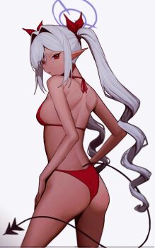 Rule 34 | 1girl, anemoneeanemone, ass, bare arms, bare legs, bare shoulders, bikini, blue archive, breasts, cowboy shot, dark-skinned female, dark skin, demon tail, from behind, grey hair, hair intakes, hair ribbon, halo, hands on own hips, highres, iori (blue archive), long hair, long pointy ears, looking at viewer, looking back, pointy ears, purple halo, red bikini, red eyes, red ribbon, ribbon, shoulder blades, simple background, small breasts, solo, swimsuit, tail, twintails, very long hair, white background