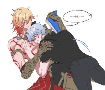 2boys absurdres antenna_hair arm_tattoo armlet armor between_pecs between_pectorals black_coat black_pants black_shirt blonde_hair blush book braid chest_tattoo clawed_gauntlets closed_eyes coat earrings facial_tattoo gold_earrings gold_necklace gradient_hair hair_between_eyes hashtag-only_commentary head_between_pecs highres holding holding_book honkai:_star_rail honkai_(series) jewelry male_focus medium_hair multicolored_hair multiple_boys mydei_(honkai:_star_rail) necklace open_clothes open_coat pants pauldrons pectoral_grab pectorals phainon_(honkai:_star_rail) red_hair red_tattoo shirt short_hair shoulder_armor side_braid simple_background single_pauldron stroooooxo tattoo toned toned_male white_background white_hair yaoi yellow_eyes