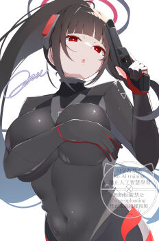 1girl :o absurdres arched_bangs black_bodysuit black_hair blue_archive blunt_bangs bodysuit breasts bright_pupils commentary_request covered_navel covering_breasts covering_privates gun halo handgun headgear high_ponytail highres holding holding_gun holding_weapon jam_(jamjam777) large_breasts long_hair looking_at_viewer official_alternate_costume ponytail red_eyes rio_(armed)_(blue_archive) rio_(blue_archive) signature simple_background solo upper_body very_long_hair weapon white_background white_pupils