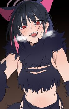 1girl @_@ absurdres animal_ears bare_shoulders bikini black_bikini black_hair blue_archive blush breasts cat_ears cat_girl colored_inner_animal_ears colored_inner_hair extra_ears fangs halo highres kazusa_(blue_archive) kazusa_(halloween)_(blue_archive) looking_at_viewer multicolored_hair navel official_alternate_costume open_mouth pink_hair pink_halo red_eyes riel_(rielilu) short_hair solo stomach sweat swimsuit tail two-tone_hair