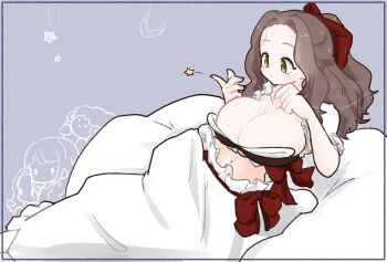 1girl blue_background blush bow breasts brown_hair cleavage closed_mouth commentary crescent_moon doodle_inset dot_mouth forehead frilled_shirt frills full_body green_eyes hair_bow hands_up highres inset_border large_breasts long_hair looking_at_viewer lying midriff moon navel olto_rondo on_side original red_bow shirt short_sleeves skirt solo star_(symbol) symbol-only_commentary white_shirt white_skirt