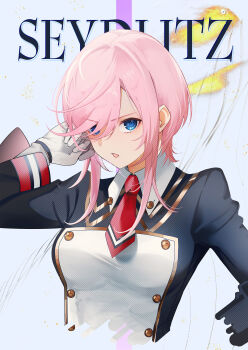 1girl absurdres azur_lane blue_eyes buttons collar commentary commentary_request english_commentary english_text gloves grey_background highres kerla long_sleeves looking_at_viewer military_uniform mixed-language_commentary necktie open_mouth pink_hair red_necktie seydlitz_(azur_lane) short_hair_with_long_locks short_necktie sidelocks solo striped_clothes striped_necktie upper_body white_collar white_gloves