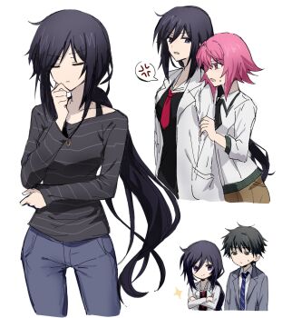 1boy 2girls anger_vein annoyed black_hair black_shirt breasts casual chaos;child collarbone denim hashtag-only_commentary hekiho_academy_school_uniform highres jeans kunosato_mio lab_coat long_hair long_sleeves multiple_girls necktie onoe_serika pants pink_hair ponytail school_uniform science_adventure shinjo_takeshi shirt short_hair short_necktie simple_background smile spoken_anger_vein w1sd8396453 white_background