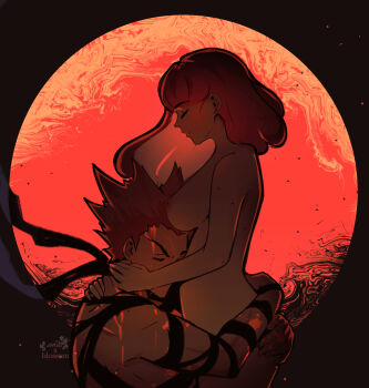 1boy 1girl absurdres breasts closed_eyes commentary couple ear_piercing english_commentary garou_(one-punch_man) hands_on_another&#039;s_ass hands_on_another&#039;s_neck highres hug mashenka nude oc_x_canon one-punch_man original piercing pink_hair red_hair