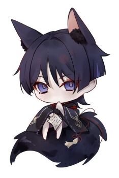 1boy animal_ear_fluff animal_ears black_hair black_sleeves blunt_ends chibi clothing_cutout eyeliner eyeshadow fox_boy fox_ears fox_tail furisode genshin_impact holding holding_paper japanese_clothes kariginu kima_gure_k kimono kuronushi_(genshin_impact) layered_sleeves makeup male_focus multicolored_hair no_mouth paper purple_eyes purple_hair purple_shorts red_eyeliner red_eyeshadow red_kimono red_sleeves ribbon-trimmed_sleeves ribbon_trim scaramouche_(genshin_impact) shorts shoulder_cutout sitting_on_tail solo streaked_hair string tail white_background wide_sleeves wispy_bangs