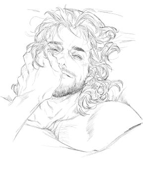 1boy 1other baldur's_gate baldur's_gate_3 beard cropped_shoulders dungeons_&amp;_dragons eliza_fox facial_hair gale_(baldur's_gate) greyscale hair_slicked_back highres looking_at_viewer male_focus medium_hair monochrome nude portrait pov pov_hands simple_background sketch smile solo_focus wavy_hair white_background