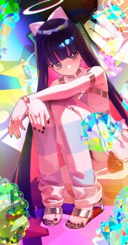 1girl absurdres bare_shoulders black_nails blue_thighhighs blunt_bangs bow bracelet cake closed_mouth colored_inner_hair commentary expressionless feet fingernails food grey_shoes halo high_heel_sandals high_heels highres jewelry knees_up long_hair looking_at_viewer multicolored_hair nail_polish oversized_food oversized_object panty_&amp;_stocking_with_garterbelt pink_hair purple_eyes purple_hair sandals shoes sitting solo songchuan_li stiletto_heels stocking_(psg) streaked_hair striped_clothes striped_thighhighs thighhighs toenail_polish toenails toes two-tone_hair two-tone_thighhighs white_bow white_halo white_thighhighs