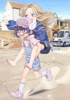 2girls absurdres aqua_eyes artist_name barefoot baseball_cap black-framed_eyewear blonde_hair blue_eyes blue_jacket blue_overalls car carrying child chipped_tooth commentary crossover day denim denim_overalls diana_(pragmata) dr._slump dust_cloud english_commentary feet forehead full_body glasses hacking hat highres hugh_williams jacket long_hair long_sleeves looking_ahead massimo motor_vehicle multiple_girls norimaki_arale norimaki_senbei open_mouth outdoors outstretched_arm overalls piggyback pink_shirt pink_shoes pragmata purple_hair running shirt shoes short_sleeves shorts sky smile sneakers socks soles teeth toes trait_connection upper_teeth_only white_socks