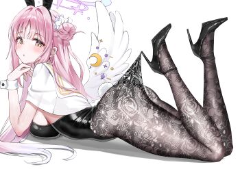1girl absurdres angel_wings animal_ear_hairband animal_ears ass black_hairband black_leotard black_pantyhose black_shoes blue_archive blush breast_press breasts capelet clothes_pull commentary crescent fake_animal_ears feathered_wings floral_print_pantyhose flower hair_bun hair_flower hair_ornament hair_ribbon hairband halo high_heels highres large_breasts legs_up leotard long_hair looking_back low_wings mika_(blue_archive) pantyhose pantyhose_pull pink_hair pink_halo playboy_bunny purple_flower rabbit_ear_hairband rabbit_ears ribbon shoes simple_background single_side_bun solo thighs wfa5051 white_background white_capelet white_ribbon white_wings white_wrist_cuffs wings wrist_cuffs yellow_eyes