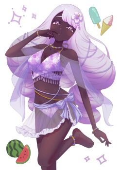 1girl bare_shoulders barefoot bikini blush bracelet breasts cleavage commentary_request dark-skinned_female dark_skin flower food fruit hair_flower hair_ornament highres ice_cream_cone jacinthe_(pokemon) jewelry long_hair looking_at_viewer low_drills medium_breasts necklace nintendo parted_lips pokemon pokemon_legends:_z-a popsicle purple_bikini purple_eyes purple_hair saba_chimera sarong see-through_clothes see-through_sarong solo standing standing_on_one_leg swimsuit very_dark_skin watermelon