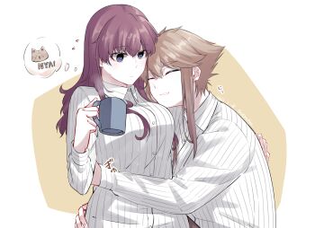 Rule 34 | 2girls, blue eyes, blush, breasts, brown hair, cat, closed mouth, collared shirt, commentary request, cup, dated, flying sweatdrops, hair down, hand on another's back, holding, holding cup, hug, jouhou, konohana suzuka, large breasts, long hair, long sleeves, mug, multiple girls, red hair, shidou maki (toji no miko), shirt, short hair, short hair with long locks, smile, striped clothes, striped shirt, sweat, thick eyebrows, thinking, toji no miko, twitter username, upper body, white shirt, yuri