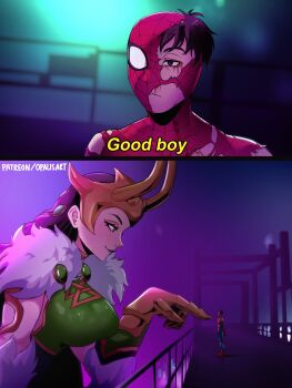 1boy 1girl animal_print animification armor blade_runner_(series) blood blue_bodysuit bodysuit cape commentary english_commentary fake_horns fur-trimmed_cape fur_trim gold_gauntlets gold_gloves gold_headwear green_armor highres horned_headwear horned_tiara horns lady_loki loki_(marvel) marvel marvel_rivals meme multicolored_bodysuit opalis peter_parker print_bodysuit red_bodysuit scale_armor spider-man spider-man_(series) spider_print spider_web_print superhero_costume thor_(marvel)_(series) tiara two-tone_bodysuit you_look_lonely_(meme)