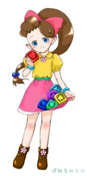 Rule 34 | blocks, blue eyes, bracelet, brown hair, flower, jewelry, lip (panel de pon), nintendo, panel de pon, pointy ears, ribbon, shoes
