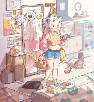 1girl :p animal_ear_fluff animal_ears apartment artist_request bag belt blonde_hair blue_shorts blush breasts cellphone crop_top cutoffs denim denim_shorts food groceries grocery_bag hair_ornament hand_on_own_hip handbag highres holding holding_phone jacket long_hair mascot mirror multicolored_hair navel off-shoulder_jacket off_shoulder one_side_up open_clothes open_jacket orange_shirt original pancake33 phone pink_jacket plate red_hair shirt shoes shopping_bag short_shorts shorts small_breasts smartphone snack socks soda standing tank_top tissue_box tongue tongue_out twitter_username watermark weighing_scale weight_gain white_hair white_shoes
