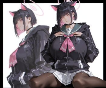1girl alternate_breast_size_(larger) animal_ears black_border black_choker black_hair black_jacket black_pantyhose blue_archive blunt_ends bob_cut border cat_ears choker colored_inner_hair drawstring emblem extra_ears from_side full_body green_sailor_collar hair_behind_ear hair_ornament hairclip halo hands_in_pockets highres hood hood_down hooded_jacket jacket kazusa_(blue_archive) long_sleeves looking_at_viewer miniskirt mukurout multicolored_hair multiple_expressions multiple_views neckerchief pantyhose pendant_choker pink_eyes pink_halo pink_neckerchief pleated_skirt sailor_collar school_uniform serafuku short_hair single_ear_down sitting skirt sleeves_past_wrists standing straight_hair striped_clothes trinity_general_school_logo weapon white_background white_skirt