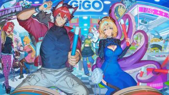 1boy 4girls alice_thymefield alternate_costume animal animal_ears arcade bag bangboo_(zenless_zone_zero) between_breasts black_hair black_skirt black_thighhighs blonde_hair blue_dress blue_eyes blue_hair blue_pants breasts brown_eyes brown_pantyhose closed_eyes crane_game dress drum eyewear_on_head gigo guest_art hashibiro_kou_(garapiko_p) highres holding horns indoors instrument jacket kamanosuke_(zenless_zone_zero) komano_manato large_breasts lucia_elowen medium_breasts mouth_hold multicolored_hair multiple_girls open_clothes open_jacket overtimeboo_(zenless_zone_zero) pants pantyhose pink_pantyhose playing_games pointy_ears polka_dot polka_dot_pantyhose raccoon red_hair red_jacket scar scar_across_eye scar_on_face short_hair side_slit sign sitting skirt sparkle stalk_in_mouth stool strap_between_breasts taiko_drum taiko_sticks tail tentacles thighhighs torn_clothes torn_pants ukinami_yuzuha zenless_zone_zero