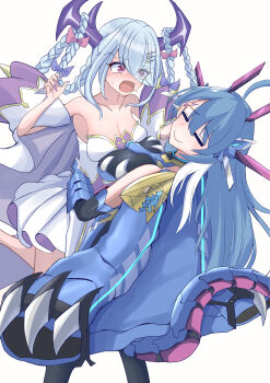 Rule 34 | @ @, absurdres, aqua hair, asymmetrical docking, blue coat, blue hair, bow, braid, breast press, breasts, cleavage, closed eyes, closed mouth, coat, coat on shoulders, commentary request, cyclepedia (duel masters), dragon girl, dragon horns, dragon tail, dress, duel masters, duel masters play's, eyes visible through hair, hair between eyes, hair bow, hair on horn, hair ornament, hair over one eye, hairclip, hand on another's face, highres, horns, long hair, mechanical horns, multicolored hair, off-shoulder dress, off shoulder, open mouth, pink bow, pink eyes, purple bow, purple horns, purple nails, q.e.d. (duel masters), royo21294110, sweatdrop, symmetrical docking, tail, twin braids, white background, white dress, white hair