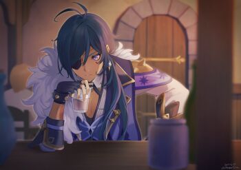1boy 1other ahoge arm_up bar_(place) black_gloves blue_eyes blue_hair blue_vest blurry blurry_background blurry_foreground bottle bracelet cape chamuri_(chumriiism) closed_mouth collared_shirt commentary_request cup dark-skinned_male dark_skin drinking_glass earrings eyepatch fingerless_gloves fur-trimmed_cape fur_trim genshin_impact gloves gold_trim hair_over_shoulder highres holding holding_cup indoors jar jewelry kaeya_(genshin_impact) long_hair long_sleeves looking_at_viewer low_ponytail male_focus one_eye_covered parted_bangs ponytail shirt sitting sleeve_cuffs solo_focus spiked_bracelet spikes star-shaped_pupils star_(symbol) symbol-shaped_pupils v-shaped_eyebrows vase vest white_shirt wine_bottle wooden_door