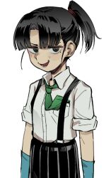 Rule 34 | 1girl, black eyes, black hair, black skirt, blue gloves, buttons, collared shirt, cowboy shot, flat chest, gloves, green necktie, hakonnbo, looking at viewer, lower teeth only, medium bangs, mole, mole under eye, necktie, necktie in pocket, open mouth, original, parted bangs, pleated skirt, ponytail, shirt, short hair, short ponytail, short sleeves, simple background, skirt, smile, solo, suspender skirt, suspenders, teeth, v-shaped eyebrows, white background, white shirt