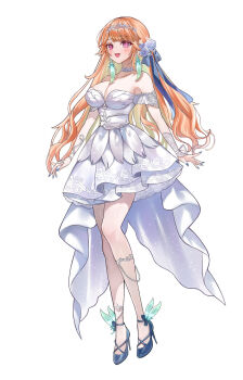 Rule 34 | 1girl, :d, alternate costume, bare shoulders, blue nails, breasts, choker, cleavage, commentary, dress, earrings, english commentary, evening gown, feather earrings, feathers, flower, full body, hair flower, hair ornament, hair ribbon, high heels, highres, hololive, hololive english, jewelry, lace-trimmed choker, lace trim, large breasts, long hair, looking at viewer, miza8276, off-shoulder dress, off shoulder, open mouth, orange hair, purple eyes, ribbon, simple background, smile, solo, takanashi kiara, tiara, virtual youtuber, white background, white dress