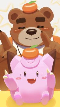 1boy 1other absurdres animal_ears artist_self-insert bear_boy bear_ears blush claws clefairy closed_eyes closed_mouth commentary_request facing_another fang food food_on_head fruit fruit_on_head furry furry_male gen_1_pokemon highres indie_virtual_youtuber kuma-mikan kuma_mikan_(vtuber) looking_at_viewer mandarin_orange nintendo object_on_head open_mouth pokemon pokemon_(creature) sitting smile star_(symbol) star_symbol_background thick_eyebrows