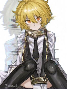 1girl artist_name black_necktie blonde_hair bound bound_wrists chain closed_mouth commentary don_quixote_(project_moon) glitch highres index_(identity)_(project_moon) latorta_il limbus_company looking_at_viewer necktie orange_eyes orange_pupils project_moon short_hair sitting solo symbol-only_commentary twitter_username white_background