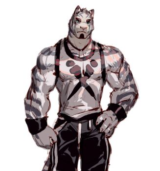 1boy animal_ears bara commentary covered_erect_nipples dog_tags english_commentary facial_hair feet_out_of_frame furry furry_male goatee hand_on_own_hip large_pectorals looking_at_viewer male_focus muscular muscular_male original pants pectorals scar scar_across_eye scar_on_arm scar_on_face short_hair sidepec solo standing tail tank_top thick_eyebrows tiger_boy tiger_ears track_pants white_fur white_tank_top wincalblanke