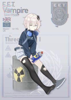 1girl absurdres aerosol barrel belt belt_buckle biohazard_symbol black_belt black_sweater black_thighhighs buckle can cargo_shorts character_name chest_harness closed_mouth clothes_writing commentary drinking_straw drinking_straw_in_mouth ear_protection english_commentary english_text feet fingernails flag full_body glitch gradient_background grey_background grey_eyes grey_hair grey_shoes hair_ornament harness heterochromia highres holding holding_can holding_spray_can jerry_wang long_sleeves original pink_eyes radiation_symbol shoes short_hair shorts sign simple_background single_shoe sitting skindentation soles solo spray_can sweater thighhighs toes torn_clothes torn_thighhighs turtleneck turtleneck_sweater union_jack united_kingdom warning_sign wd-40 white_hair white_shorts
