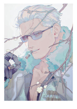 1boy absurdres bara black_gloves border branch cigar collarbone commentary_request cursive english_text epaulettes facial_hair fur-trimmed_jacket fur_trim gloves goatee_stubble highres holding holding_cigar jacket kabane_(rjev8385) looking_at_viewer male_focus mature_male muscular muscular_male no_shirt one_piece open_clothes open_jacket orange_eyes pectoral_cleavage pectorals rimless_eyewear scar scar_on_face short_hair sideburns smoker_(one_piece) smoking solo stubble sunglasses upper_body white_border white_hair white_jacket zipper